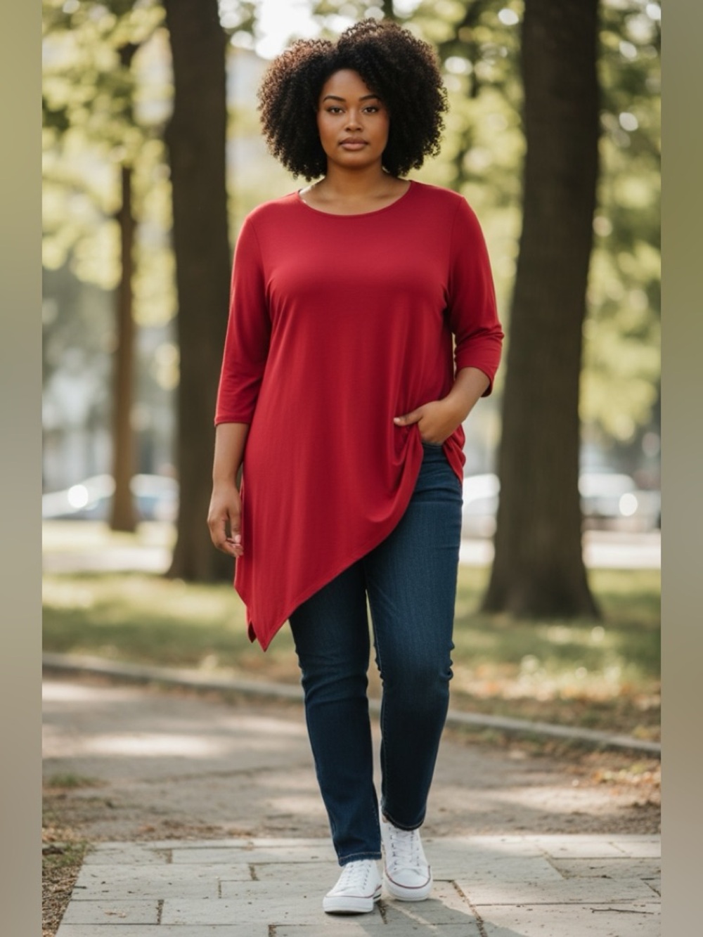 CARIBE Red 3/4 Sleeve V Neck TUNIC TOP 1XL Pullover Asymmetrical Hem Stretch NEW